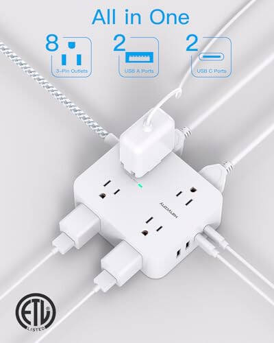 8 Çıkışlı 4 USB (2 USB C) Şarj Portlu Akım Koruyucu Priz, Çoklu Priz Uzatma Kablosu, 5Ft Örgülü Uzatma Kablosu, Düz Fişli Duvara Monte Masa USB Şarj İstasyonu Ev Ofis İçin ETL - 2