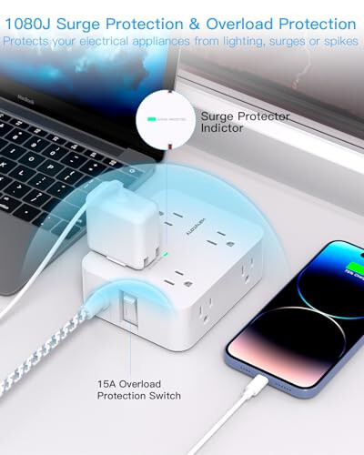 8 Çıkışlı 4 USB (2 USB C) Şarj Portlu Akım Koruyucu Priz, Çoklu Priz Uzatma Kablosu, 5Ft Örgülü Uzatma Kablosu, Düz Fişli Duvara Monte Masa USB Şarj İstasyonu Ev Ofis İçin ETL - 3