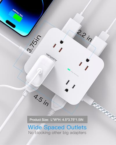 8 Çıkışlı 4 USB (2 USB C) Şarj Portlu Akım Koruyucu Priz, Çoklu Priz Uzatma Kablosu, 5Ft Örgülü Uzatma Kablosu, Düz Fişli Duvara Monte Masa USB Şarj İstasyonu Ev Ofis İçin ETL - 5