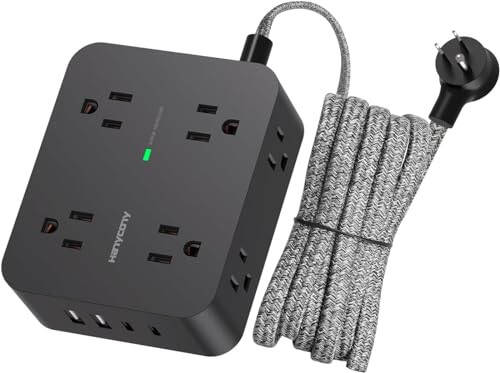 8 Çıkışlı ve 4 USB Şarj Portlu (2 USB C), 3 Yan Çıkışlı Uzatıcılı, 5 Ft Örgülü Uzatma Kablolu, Düz Fişli, Duvara Monte Edilebilen, Ev Ofis için Masaüstü USB Şarj İstasyonu, Akım Koruyucu Priz - 1