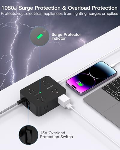 8 Çıkışlı ve 4 USB Şarj Portlu (2 USB C), 3 Yan Çıkışlı Uzatıcılı, 5 Ft Örgülü Uzatma Kablolu, Düz Fişli, Duvara Monte Edilebilen, Ev Ofis için Masaüstü USB Şarj İstasyonu, Akım Koruyucu Priz - 3