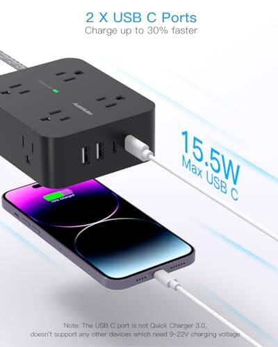 8 Çıkışlı ve 4 USB Şarj Portlu (2 USB C), 3 Yan Çıkışlı Uzatıcılı, 5 Ft Örgülü Uzatma Kablolu, Düz Fişli, Duvara Monte Edilebilen, Ev Ofis için Masaüstü USB Şarj İstasyonu, Akım Koruyucu Priz - 4