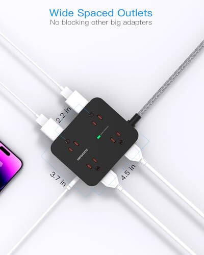 8 Çıkışlı ve 4 USB Şarj Portlu (2 USB C), 3 Yan Çıkışlı Uzatıcılı, 5 Ft Örgülü Uzatma Kablolu, Düz Fişli, Duvara Monte Edilebilen, Ev Ofis için Masaüstü USB Şarj İstasyonu, Akım Koruyucu Priz - 5