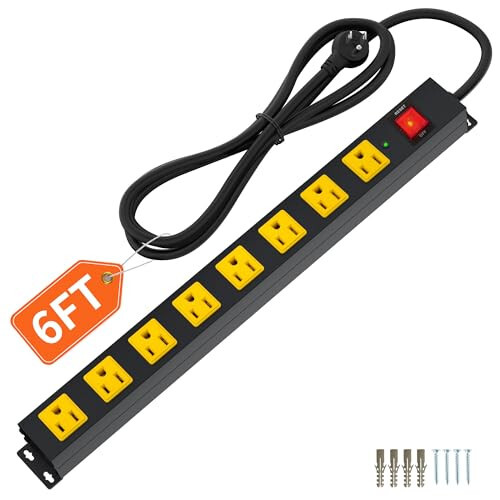 8 Outlet Long Power Strip, 2100J Surge Protector Heavy Duty 6FT Cord Wide Spaced and Wall Mount Metal Powerstrip for Home Office Garage Workshop - 1