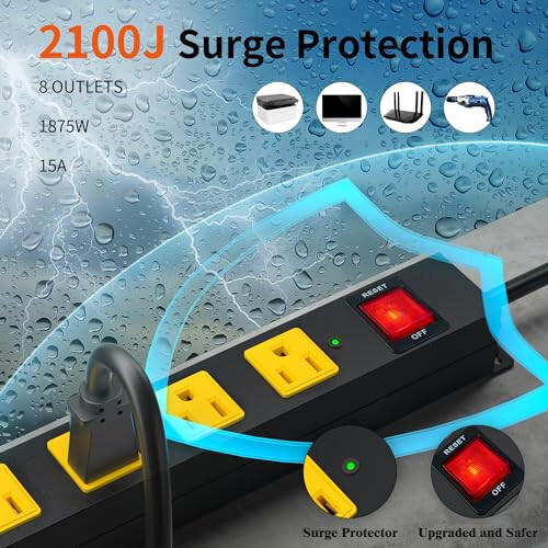 8 Outlet Long Power Strip, 2100J Surge Protector Heavy Duty 6FT Cord Wide Spaced and Wall Mount Metal Powerstrip for Home Office Garage Workshop - 3