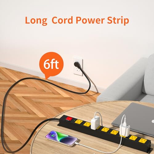 8 Outlet Long Power Strip, 2100J Surge Protector Heavy Duty 6FT Cord Wide Spaced and Wall Mount Metal Powerstrip for Home Office Garage Workshop - 4