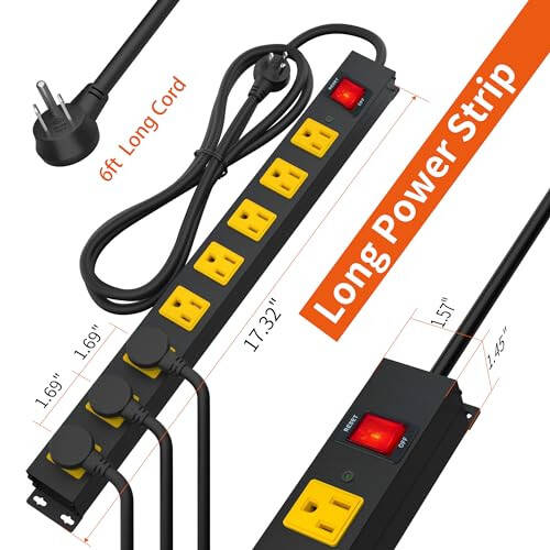 8 Outlet Long Power Strip, 2100J Surge Protector Heavy Duty 6FT Cord Wide Spaced and Wall Mount Metal Powerstrip for Home Office Garage Workshop - 7