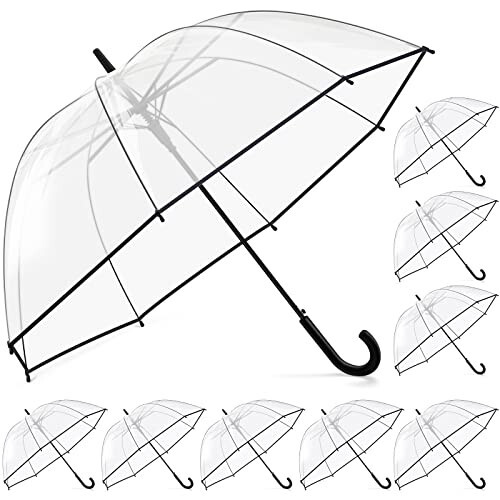 8 Pieces Clear Bubble Umbrella Auto Open Clear Dome Umbrella Windproof Wedding Umbrellas for Rain Transparent Umbrella with J Hook Handle for Bride Groom Gifts Bridal Party Outing Graduation Prom - 1