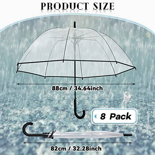 8 Pieces Clear Bubble Umbrella Auto Open Clear Dome Umbrella Windproof Wedding Umbrellas for Rain Transparent Umbrella with J Hook Handle for Bride Groom Gifts Bridal Party Outing Graduation Prom - 2