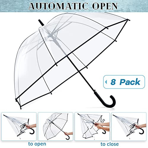 8 Pieces Clear Bubble Umbrella Auto Open Clear Dome Umbrella Windproof Wedding Umbrellas for Rain Transparent Umbrella with J Hook Handle for Bride Groom Gifts Bridal Party Outing Graduation Prom - 3