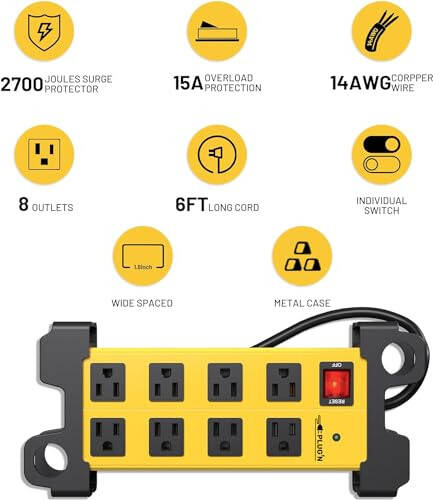 8 ta rozetkali og'ir yuk xizmati elektr uzatmasi, keng masofa, ustaxona to'satdan kuchayishdan himoya qilish 2700J 6FT uzatma kabeli bilan, sanoat metall elektr uzatmasi 15Amp, sariq devorga o'rnatilgan elektr manbai garaj, ofis uchun - 4