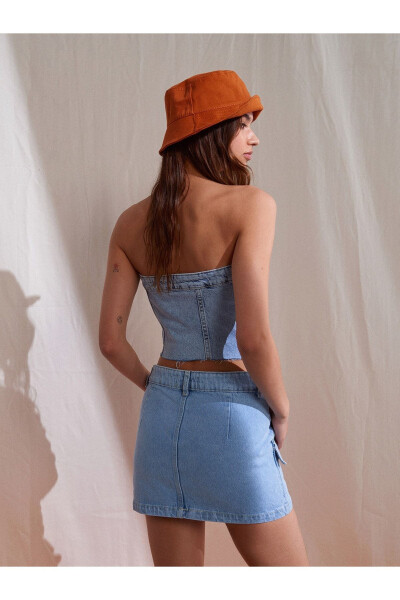 80537 Önü Cepli Mini Denim Etek - Mavi - 3