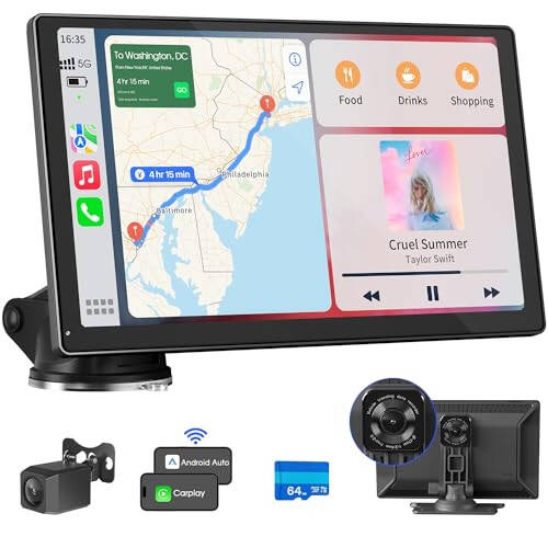 9'' Kablosuz Apple CarPlay Ekranı Araba ve Android Auto İçin 4K Dash Cam, Taşınabilir Araba Stereo, 1080P Geri Görüş Kamerası, GPS Navigasyon, Araba Ses Alıcıları Bluetooth, Ayna Bağlantısı, Sesli Kontrol - 1