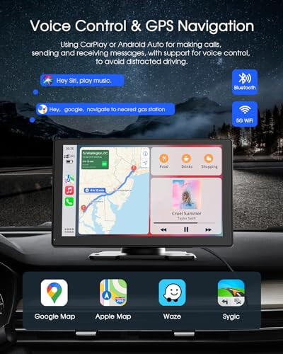 9'' Kablosuz Apple CarPlay Ekranı Araba ve Android Auto İçin 4K Dash Cam, Taşınabilir Araba Stereo, 1080P Geri Görüş Kamerası, GPS Navigasyon, Araba Ses Alıcıları Bluetooth, Ayna Bağlantısı, Sesli Kontrol - 4