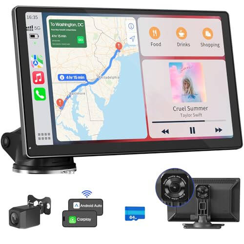 9'' Kablosuz Apple CarPlay Ekranı Araba ve Android Auto İçin 4K Dash Cam, Taşınabilir Araba Stereo, 1080P Geri Görüş Kamerası, GPS Navigasyon, Araba Ses Alıcıları Bluetooth, Ayna Bağlantısı, Sesli Kontrol - 5