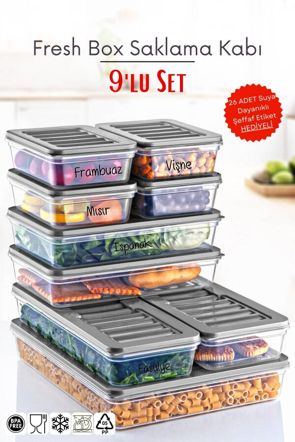 9 Piece Set Freshbox Microwave and Freezer Safe Storage Container Grey - 8