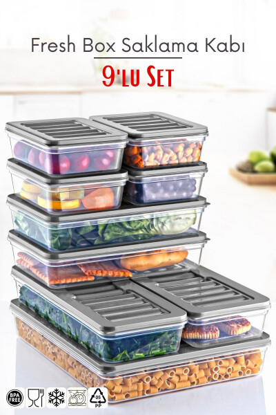 9 Piece Set Freshbox Microwave and Freezer Safe Storage Container Grey - 1