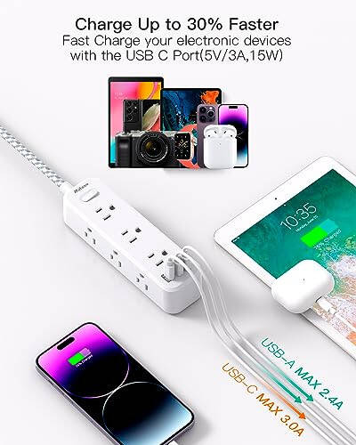 9 Prizli, 2 USB-A ve 1 USB-C Portlu, Örgülü Uzatma Kablosuyla Darbe Koruyucu Priz, 5ft Düz Fişli Uzatma Kablosu, 3 Taraflı Masaüstü Şarj İstasyonu Ev, Ofis, Yurt, Seyahat İçin, 900J - 3