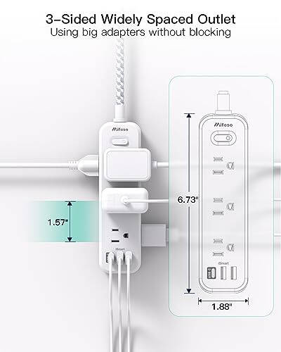 9 Prizli, 2 USB-A ve 1 USB-C Portlu, Örgülü Uzatma Kablosuyla Darbe Koruyucu Priz, 5ft Düz Fişli Uzatma Kablosu, 3 Taraflı Masaüstü Şarj İstasyonu Ev, Ofis, Yurt, Seyahat İçin, 900J - 6