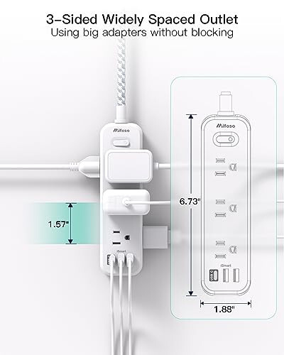 9 ta AC rozetka, 2 ta USB-A va 1 ta USB-C portli, to'qilgan uzatma simli zarba himoyachisi, 5 fut tekis vilkali uzatma sim, uy, ofis, yotoqxona, sayohat uchun 3 tomonlama stol usti zaryadlash stantsiyasi, 900J - 6