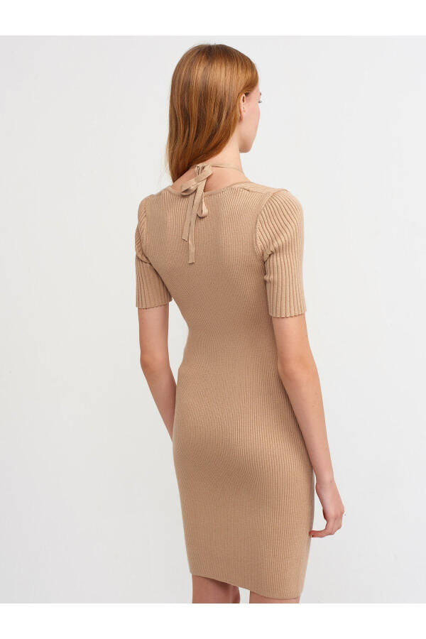 90130 Front Metal Lace-up Knit Dress - Dark Beige - 2