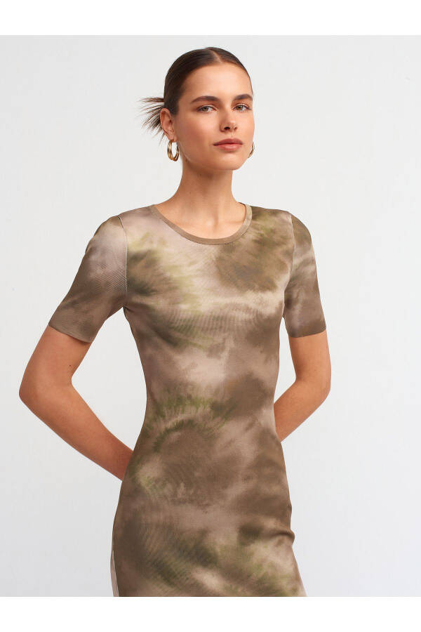 90186 Bicycle Neck Short Sleeve Printed Knit Dress - Khaki - 19