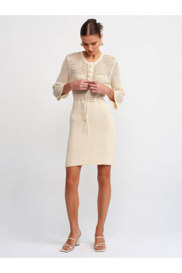 90190 Buttoned Knit Dress with Lace Flower Pattern - Natural - 19