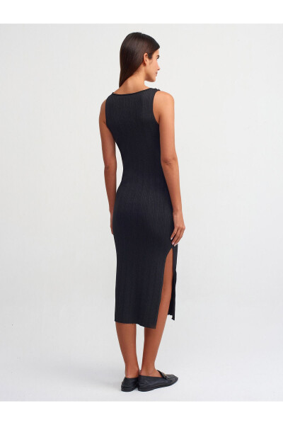 90203 Bicycle Neck Ribbed Button Detail Knit Dress - Black - 14