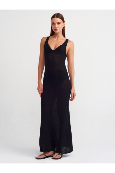 90220 Oval Neck Sheer Knit Dress - Black - 1