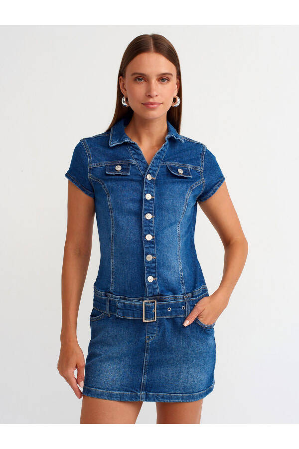 90539 Düğmeli Denim Mini Elbise - Mavi - 17