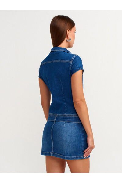 90539 Düğmeli Denim Mini Elbise - Mavi - 2