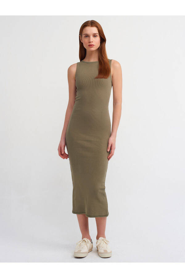 90891 Sleeveless Long Dress with Wash Effect - Khaki - 1