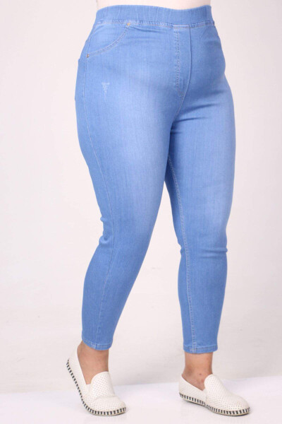 9184-7 Plus Size Elastic Waist Stone Studded Skinny Jeans - Ice Blue - 1