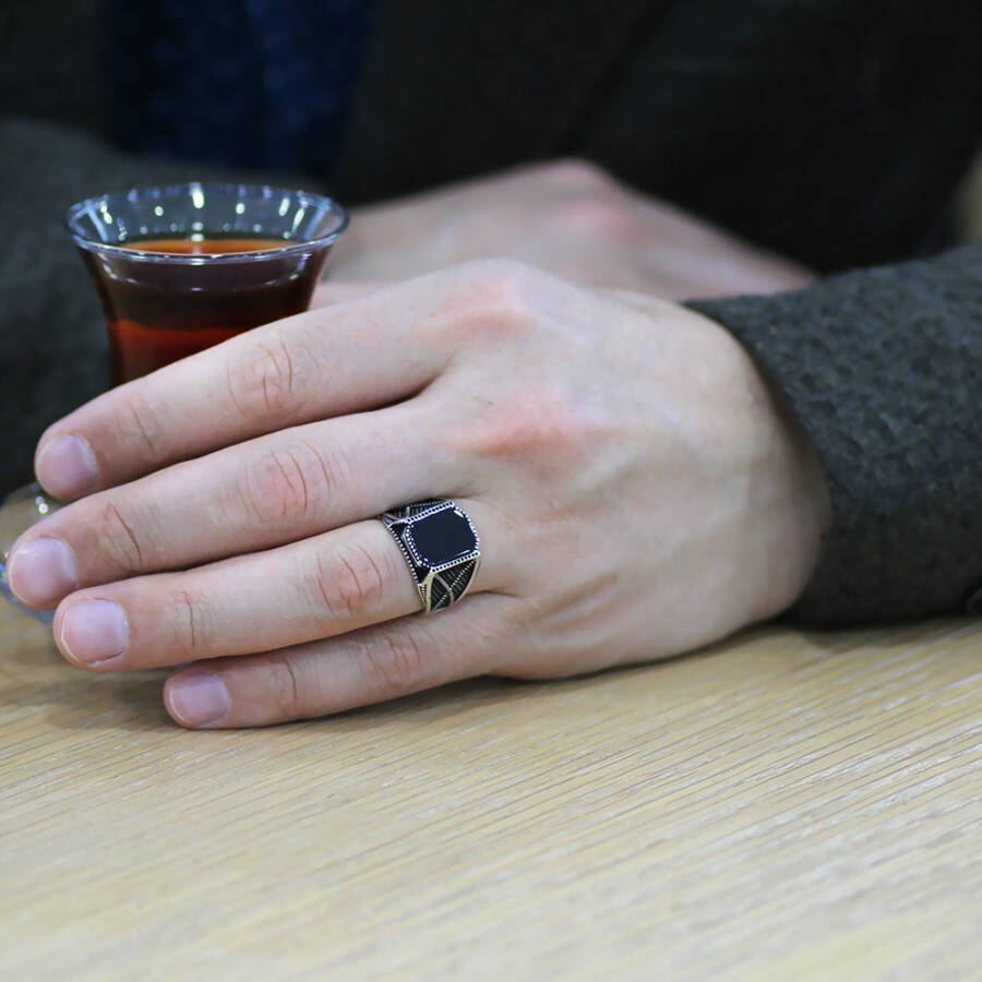 925 Sterling Silver Men's Ring with Black Onyx Stone and Oxidized Edges - 5