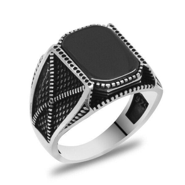 925 Sterling Silver Men's Ring with Black Onyx Stone and Oxidized Edges - 6