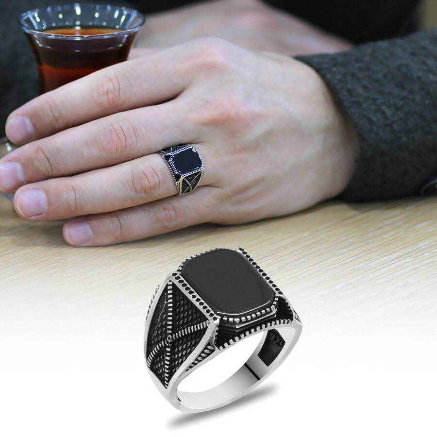 925 Sterling Silver Men's Ring with Black Onyx Stone and Oxidized Edges - 7