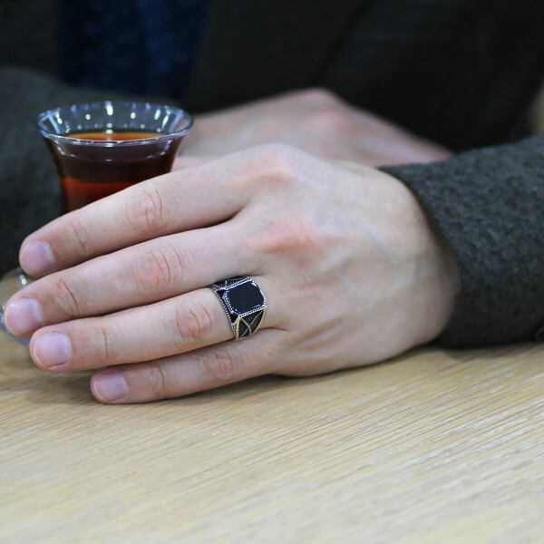 925 Sterling Silver Men's Ring with Black Onyx Stone and Oxidized Edges - 1