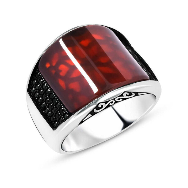 925 Sterling Silver Men's Ring with Domed Agate Stone and Zircon Accents - 2