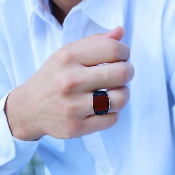 925 Sterling Silver Men's Ring with Domed Agate Stone and Zircon Accents - 4