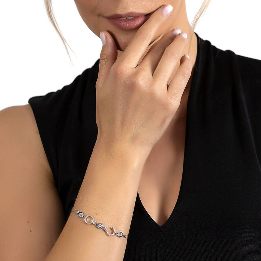 925 Sterling Silver Women's Bracelet with Crescent Moon Design and Blue-White Zircon Stones - 3