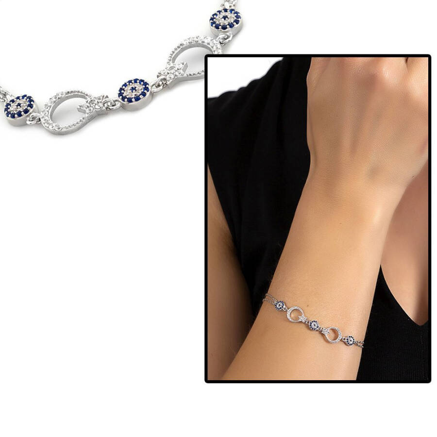 925 Sterling Silver Women's Bracelet with Crescent Moon Design and Blue-White Zircon Stones - 5