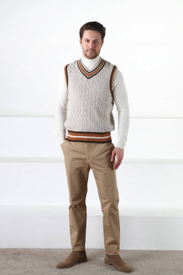 A. Beige Knit Patterned V-Neck 100% Lambswool Men's Sweater - 3