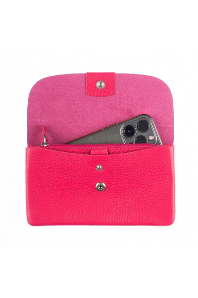 A fuchsia genuine leather bag with zipper closure, snap closure, card slots for Mother's Day. - 4