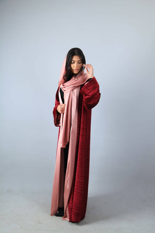 Abaya Kadife Kumaşı Kalın Ve Şal (Bordo Pembe) Kol Bordo Rengi - 3