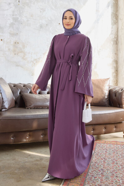 Abaya with Stone Embroidered Sleeves - Lilac - 1