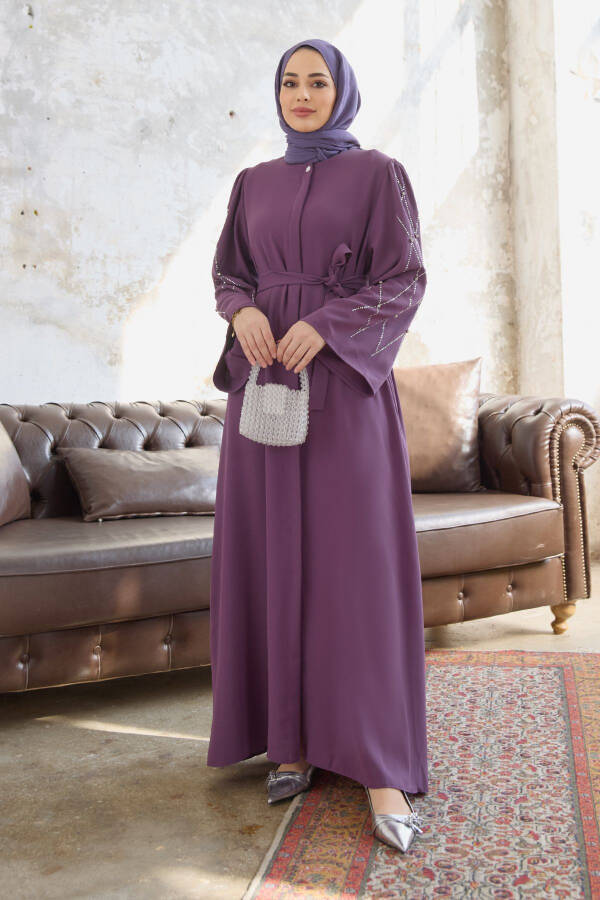 Abaya with Stone Embroidered Sleeves - Lilac - 2