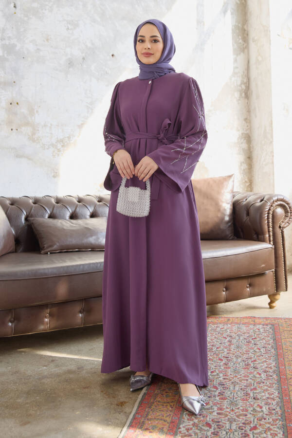 Abaya with Stone Embroidered Sleeves - Lilac - 7