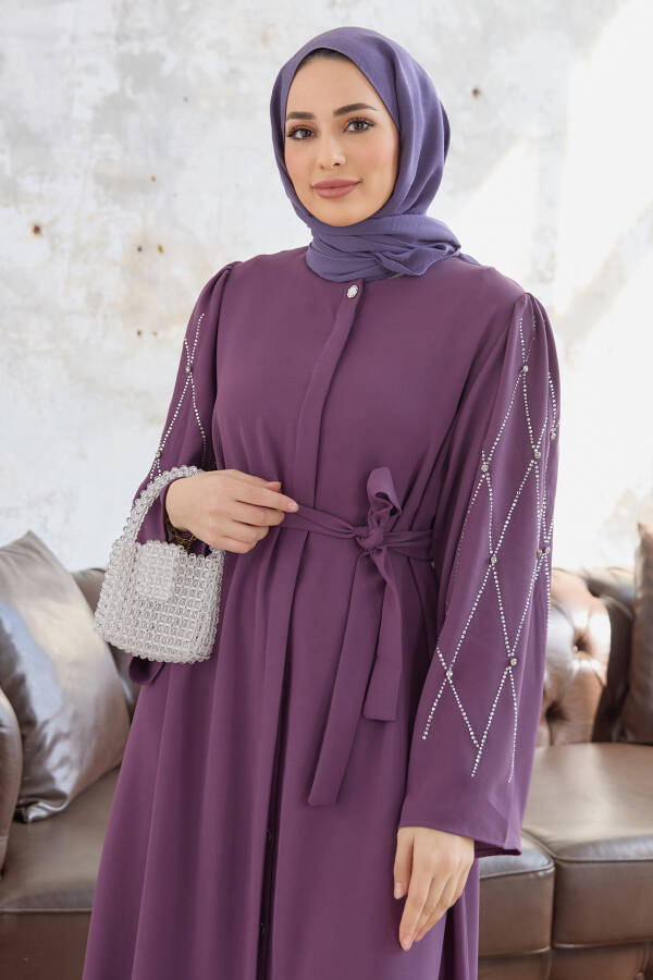 Abaya with Stone Embroidered Sleeves - Lilac - 8