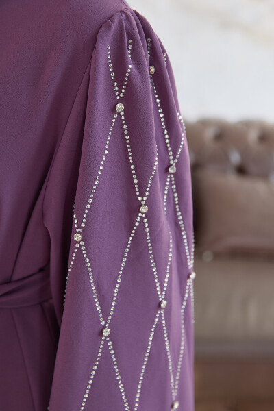 Abaya with Stone Embroidered Sleeves - Lilac - 9