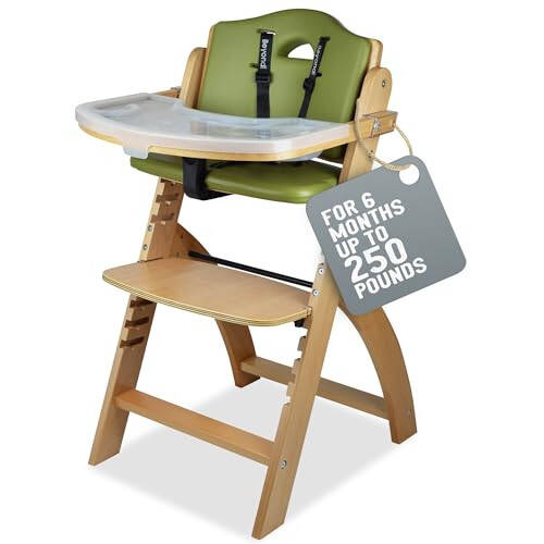 Abiie Beyond Junior Wooden High Chair with Tray - Convertible Baby Highchair - Adjustable High Chair for Babies/Toddlers/6 Months up to 250 Lbs - Stain & Water Resistant Natural Wood/Olive Cushion - 31